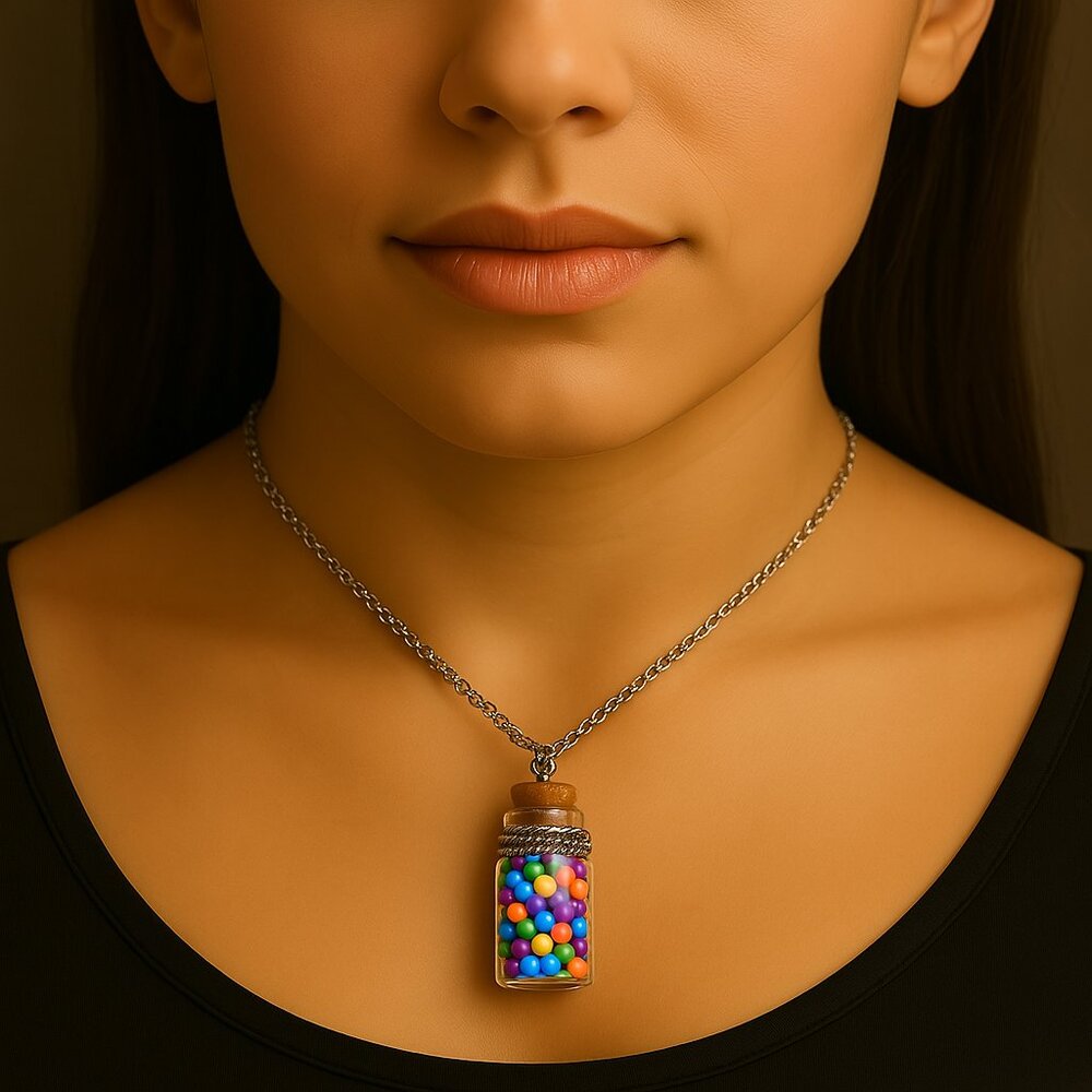 Colorful Seed Bead Bottle Pendant Necklace – Silver Tone Chain – Cute Jewelry